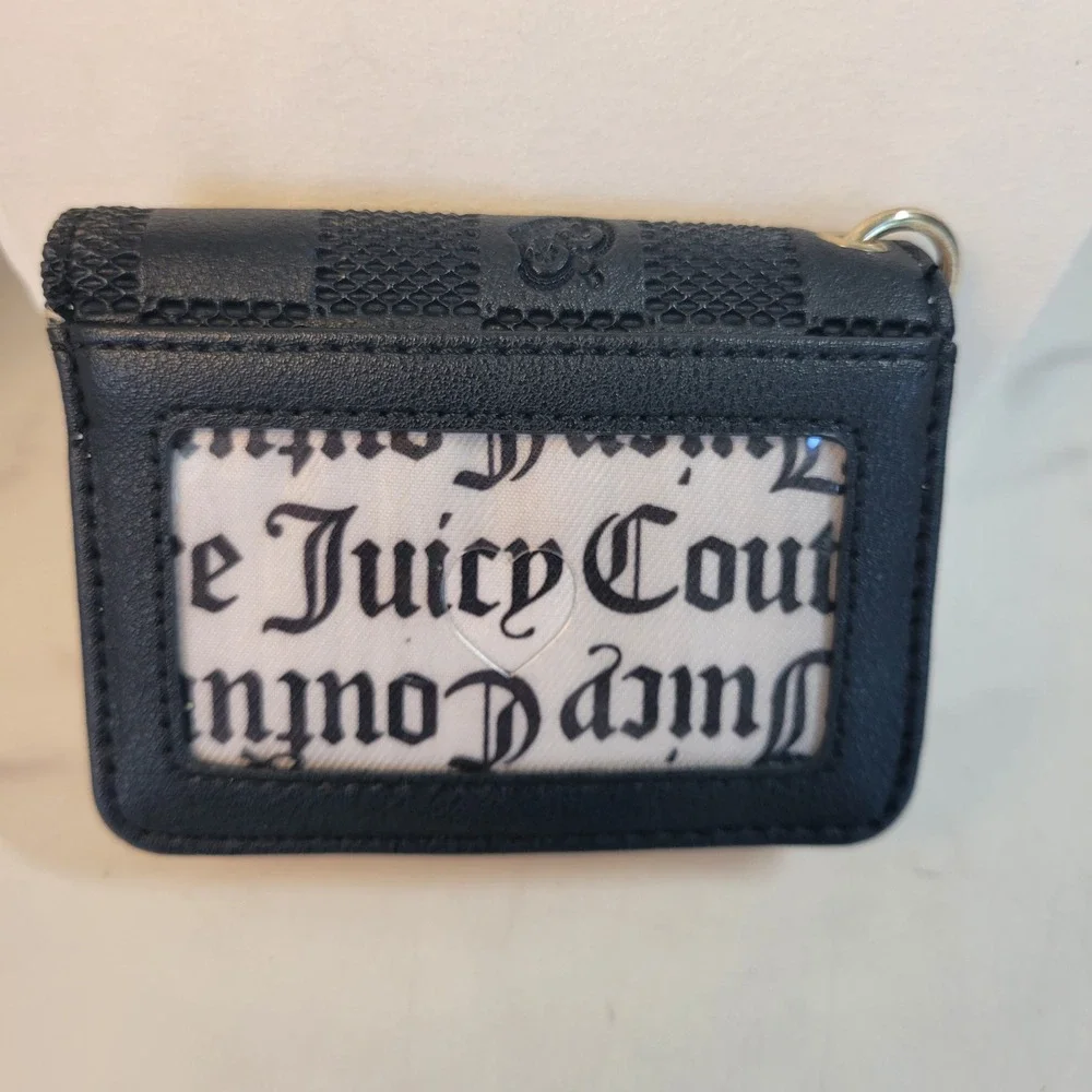 Juicy Couture Card Holder Wallet Black Checkerboard Bifold Keychain Gold Logo